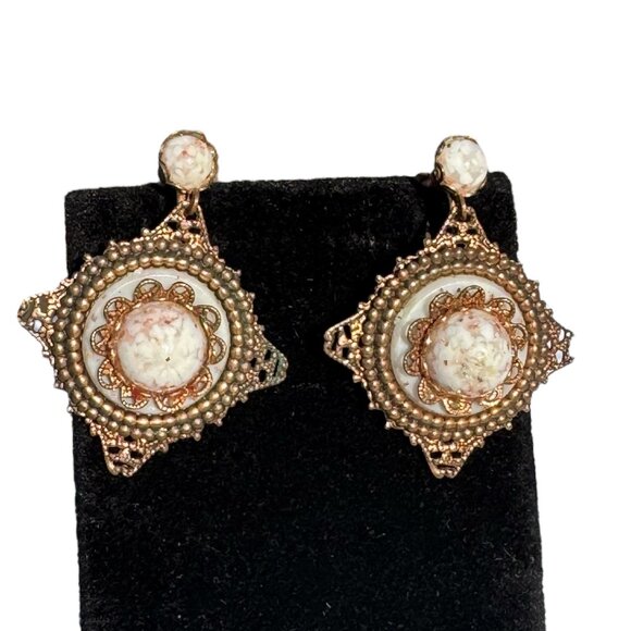 Vintage Art Deco Copper Filigree Clip-On Earrings With White Fleck Stone - Picture 4 of 8